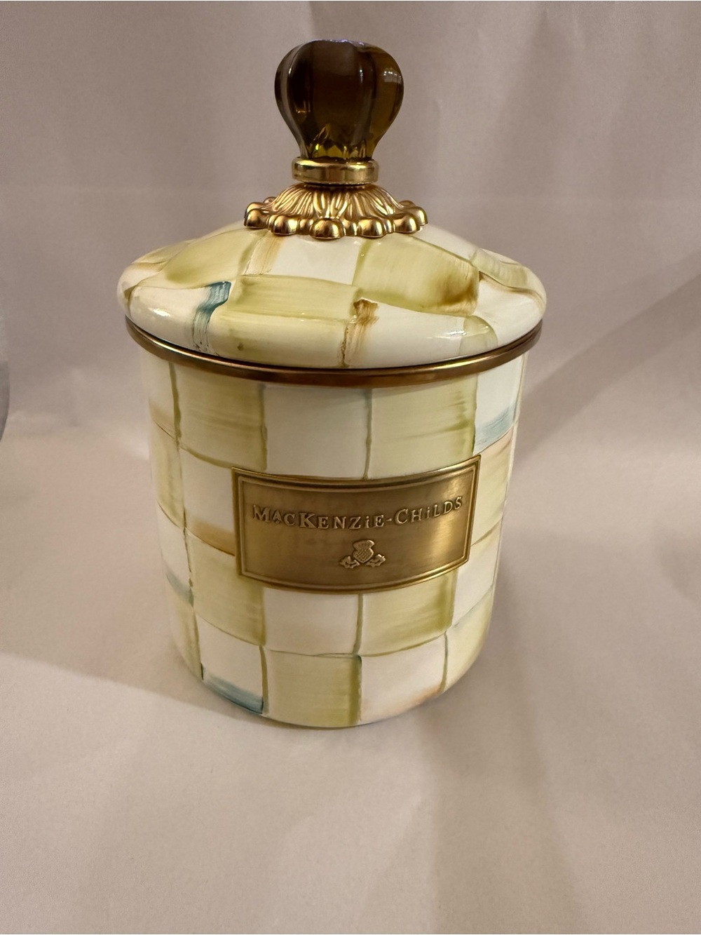 MacKenzie-Childs Parchment Check Small Enamel Canister with Glass Knob